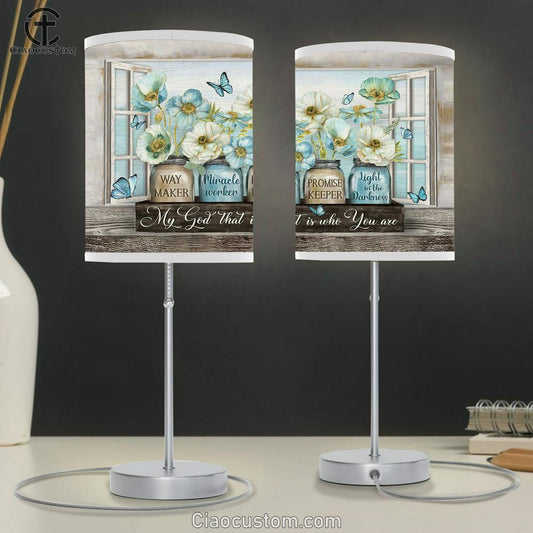 Way Maker Miracle Worker My God That Is Who You Are Pastel Jasmine Blue Butterfly Table Lamp Art - Christian Lamp Art Decor