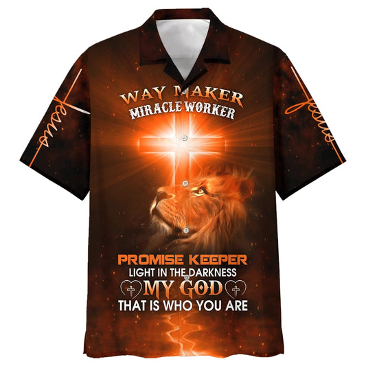Way Maker Miracle Worker Promise Keeper Light In The Darkness My God That Is Who You Are Lion Cross Hawaiian Shirt - Best Hawaiian Shirts - Christian Hawaiian Shirt