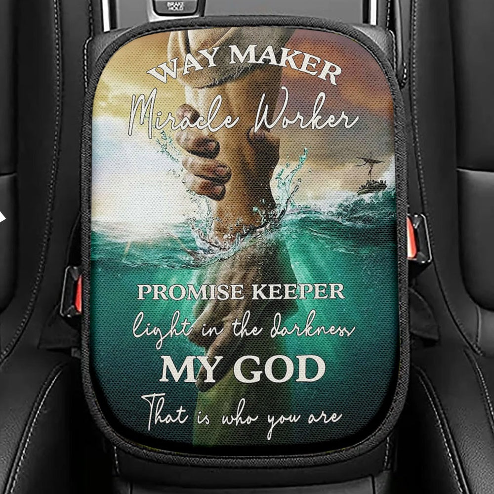 Way Maker Miracle Worker Promise Keeper Seat Box Cover, Christian Car Center Console Cover, Religious Car Interior Accessories