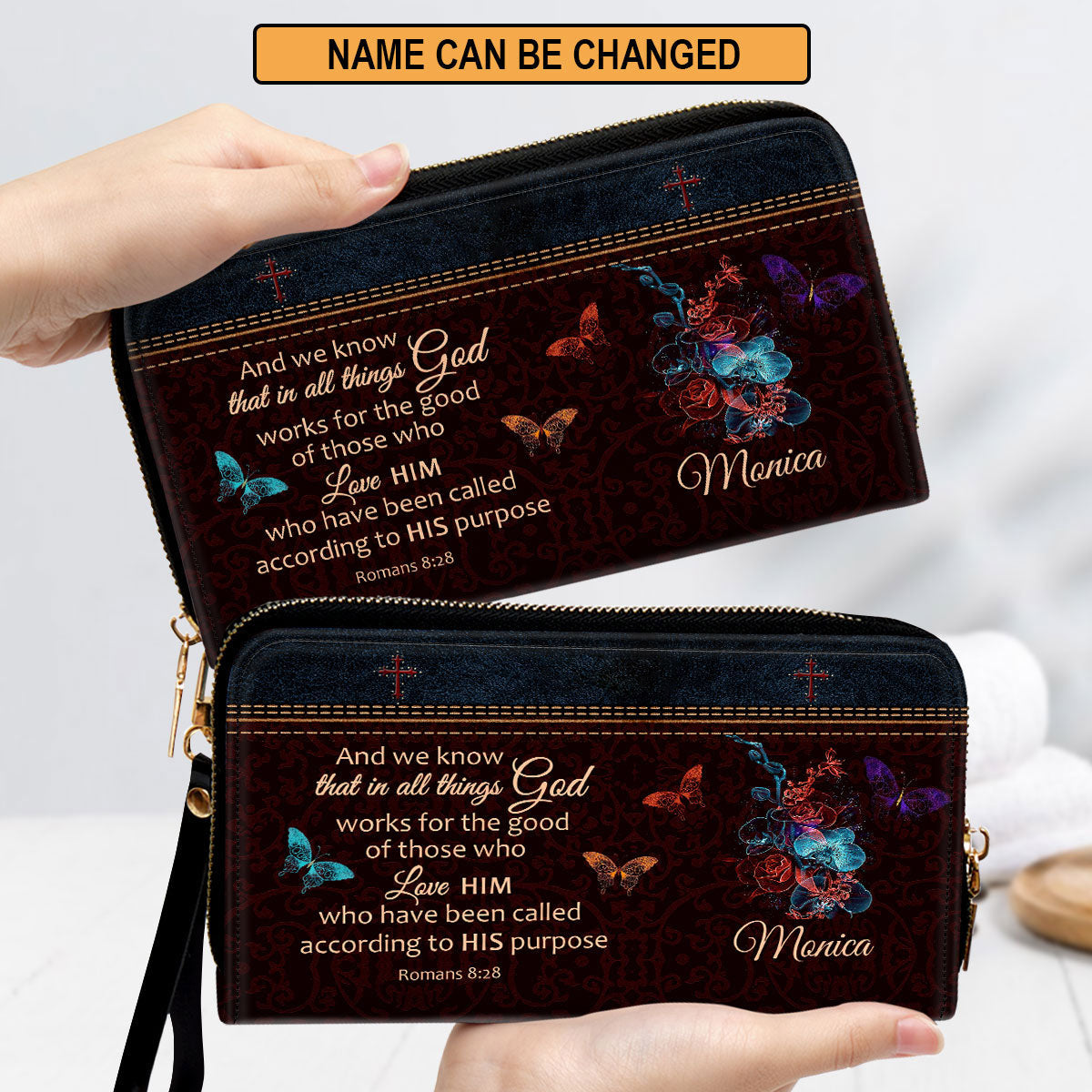 We Know That In All Things God Works Clutch Purse For Women - Personalized Name - Christian Gifts For Women