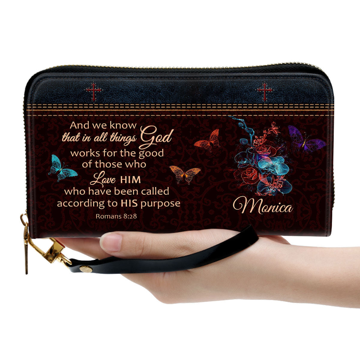 We Know That In All Things God Works Clutch Purse For Women - Personalized Name - Christian Gifts For Women