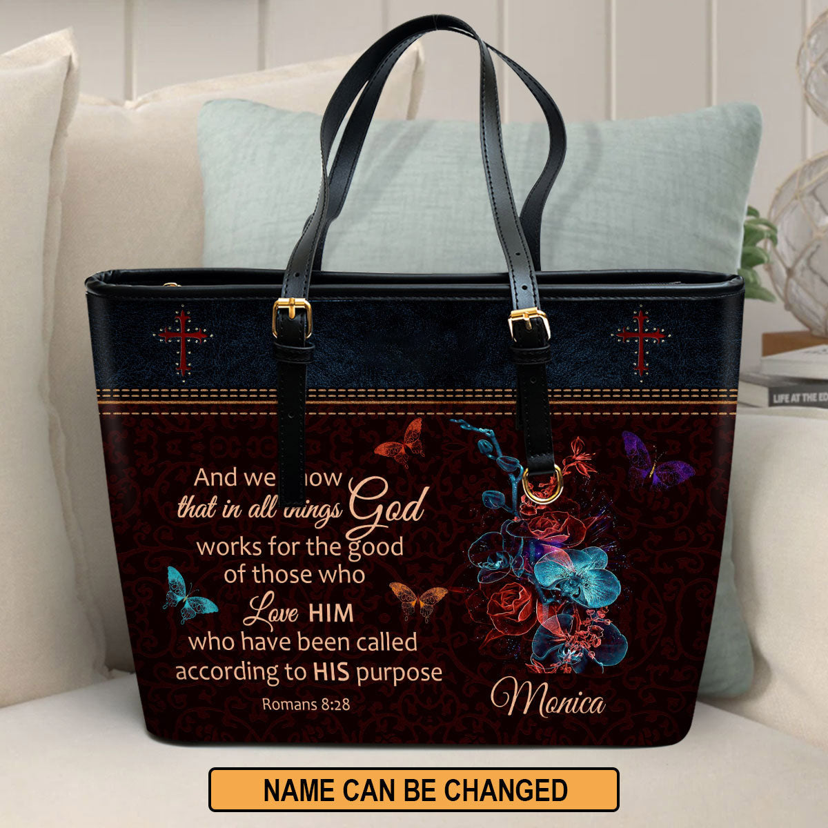 We Know That In All Things God Works Personalized Large Pu Leather Tote Bag For Women - Mom Gifts For Mothers Day