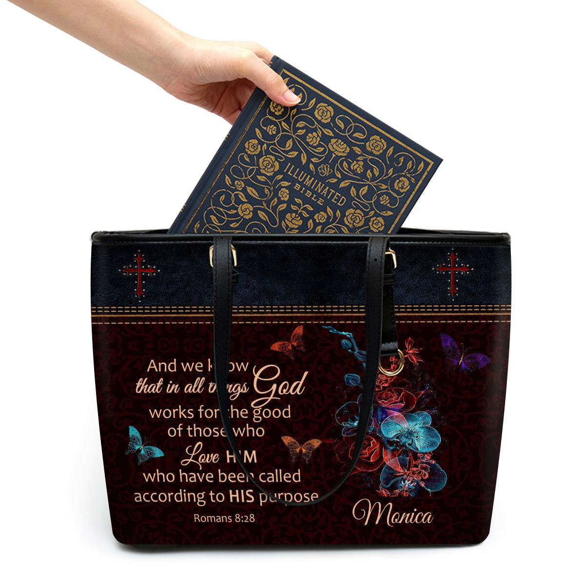We Know That In All Things God Works Personalized Large Pu Leather Tote Bag For Women - Mom Gifts For Mothers Day