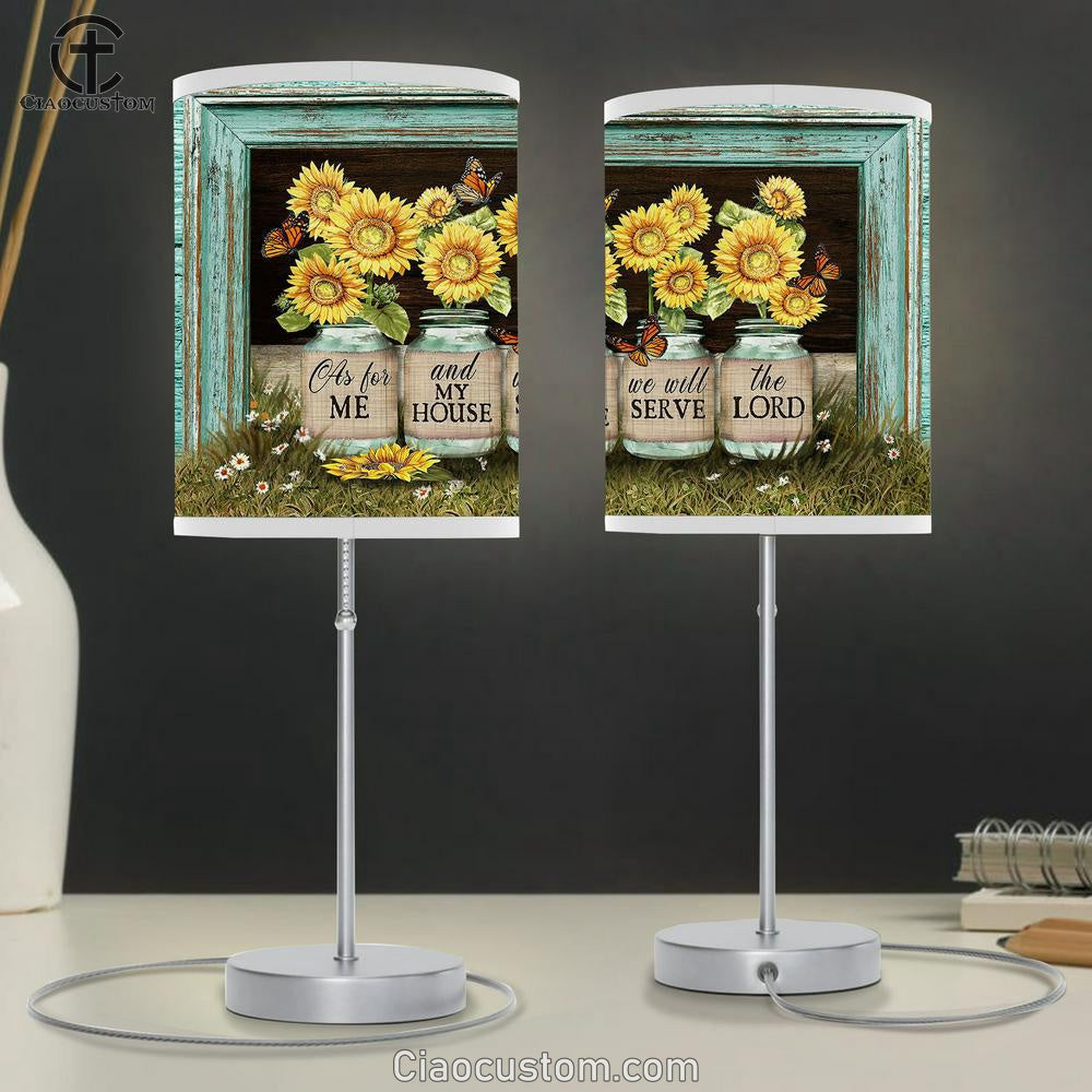 We Will Serve The Lord Sunflower Jars Butterfly Table Lamp Art - Bible Verse Lamp Art - Room Decor Christian