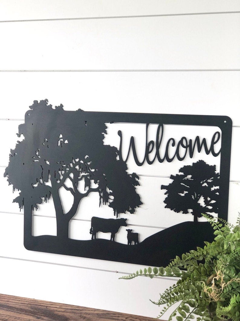 Welcome Farmhouse Metal Sign Oak Trees And Cows Cow Calf Pair Sign Ranch Sign Metal Farm Home Decor Sign Farm Life Metal Sign