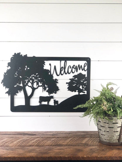 Welcome Farmhouse Metal Sign Oak Trees And Cows Cow Calf Pair Sign Ranch Sign Metal Farm Home Decor Sign Farm Life Metal Sign