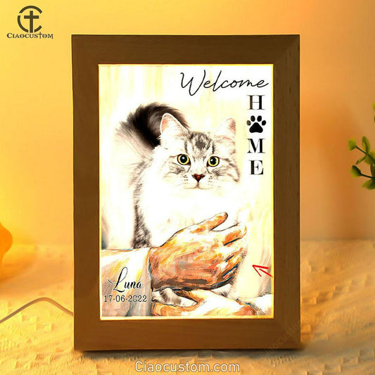 Welcome Home Jesus With Cat Frame Lamp Wall Art - Cat In The Arms of Jesus Frame Lamp Prints - Cat Loss Gift - Customized Cat Photos