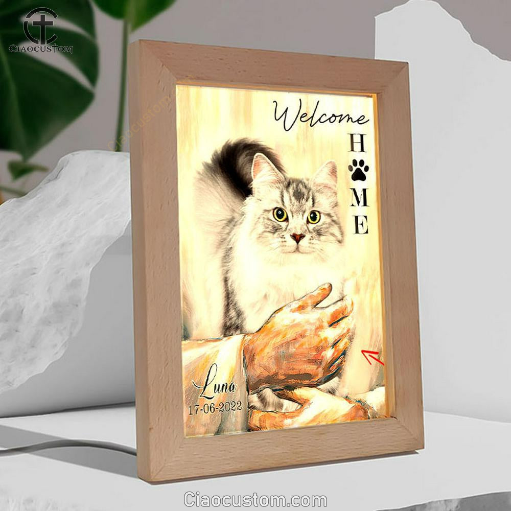 Welcome Home Jesus With Cat Frame Lamp Wall Art - Cat In The Arms of Jesus Frame Lamp Prints - Cat Loss Gift - Customized Cat Photos