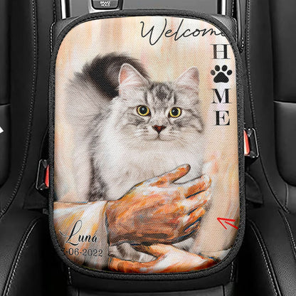 Welcome Home Jesus With Cat Seat Box Cover, Cat In The Arms of Jesus Car Center Console Cover, Cat Loss Gift, Customized Cat Photos