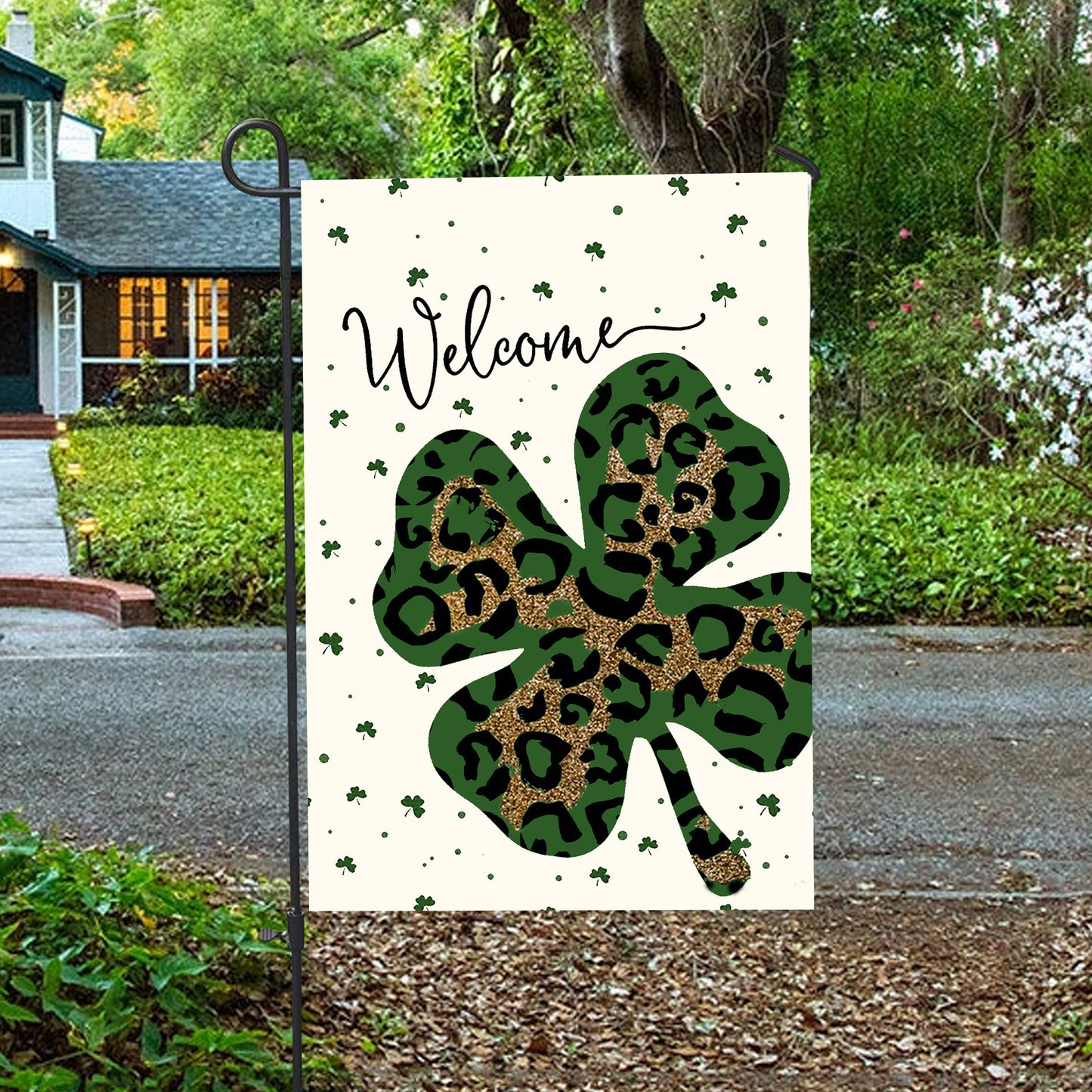 Welcome St. Patrick's Day Leopard Shamrock Clover House Flag - St. Patrick's Day Garden Flag - Outdoor St Patrick's Day Decor