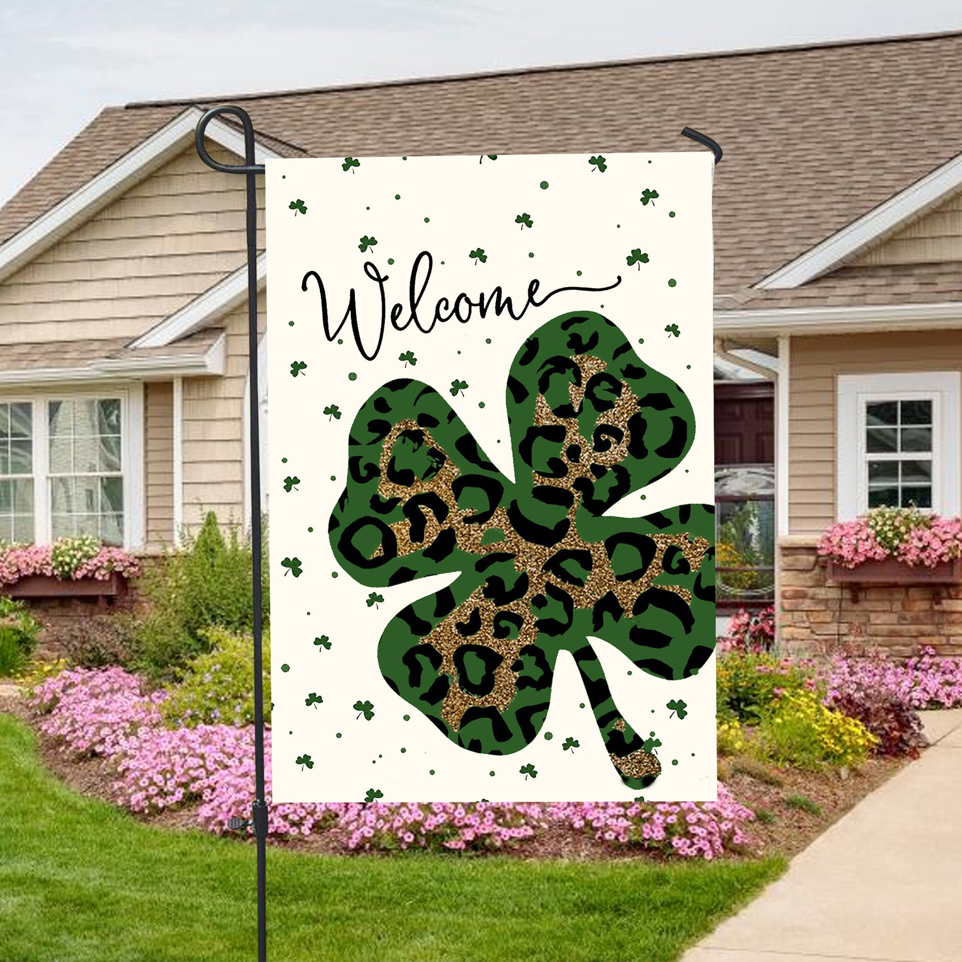 Welcome St. Patrick's Day Leopard Shamrock Clover House Flag - St. Patrick's Day Garden Flag - Outdoor St Patrick's Day Decor