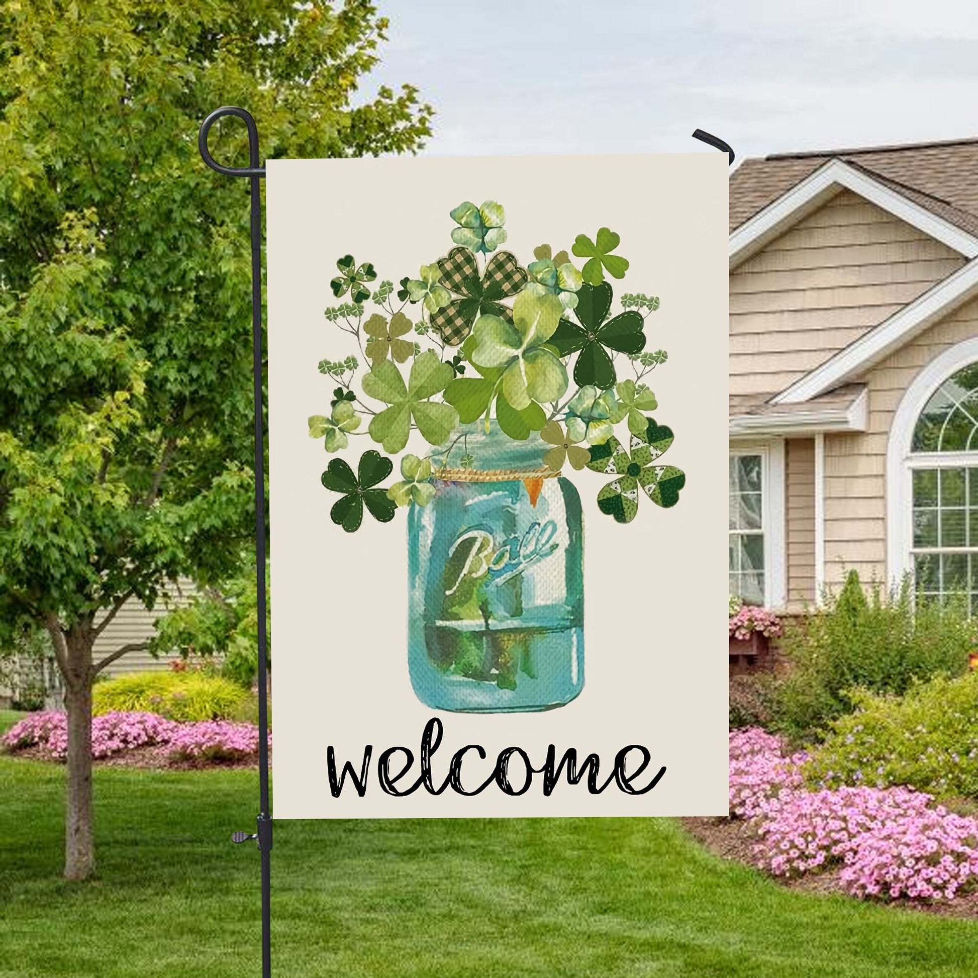 Welcome St. Patrick's Day Lucky Shamrock Clover House Flag - St. Patrick's Day Garden Flag - Outdoor St Patrick's Day Decor