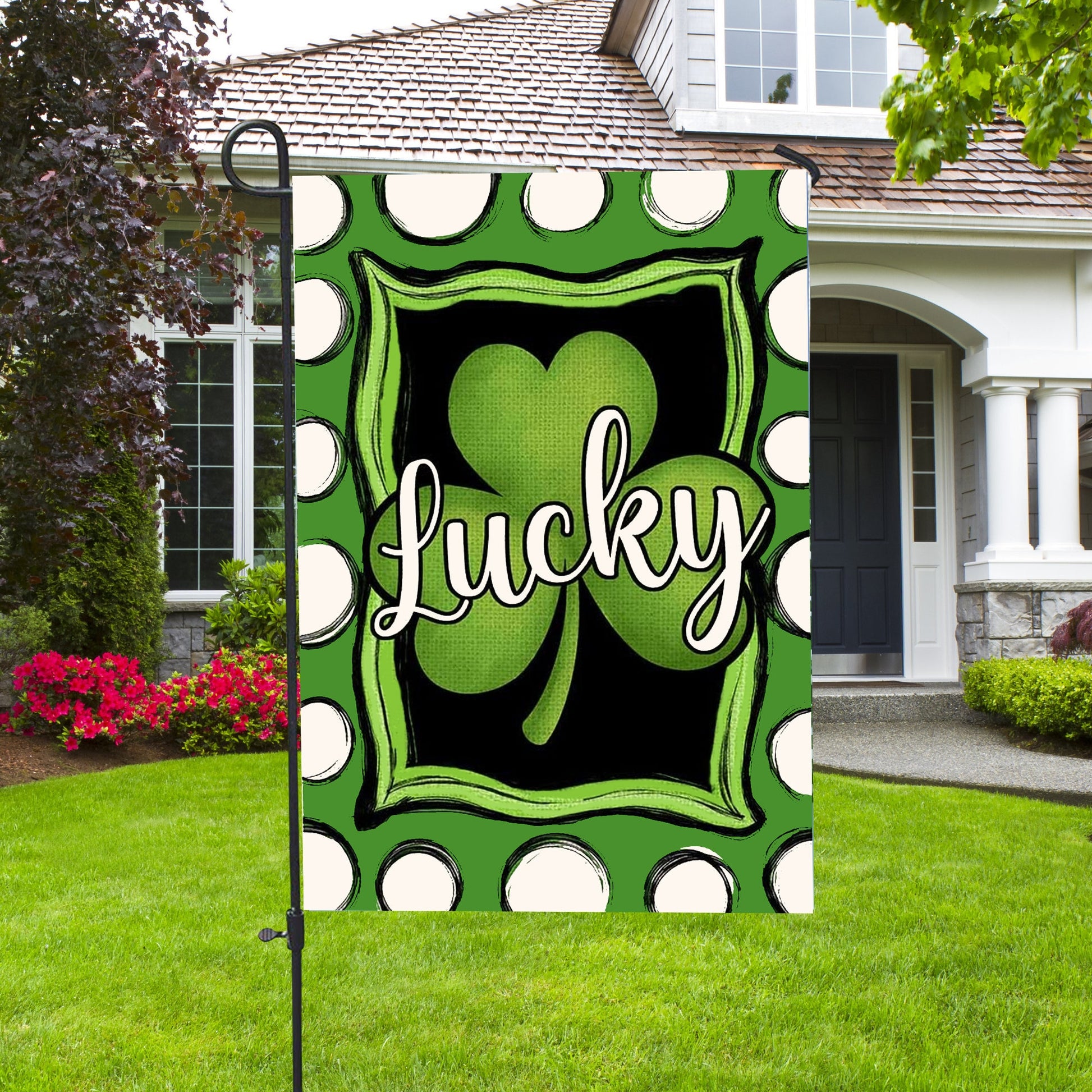 Welcome St. Patrick's Day Polka Dot Lucky Shamrock Clover House Flag - St. Patrick's Day Garden Flag - Outdoor St Patrick's Day Decor