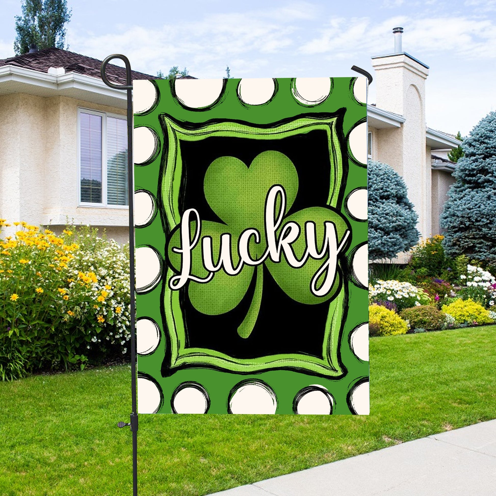Welcome St. Patrick's Day Polka Dot Lucky Shamrock Clover House Flag - St. Patrick's Day Garden Flag - Outdoor St Patrick's Day Decor