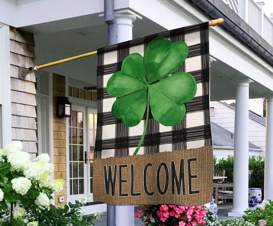 Welcome St. Patrick's Day Shamrock Clover 1 House Flag - St. Patrick's Day Garden Flag - Outdoor St Patrick's Day Decor