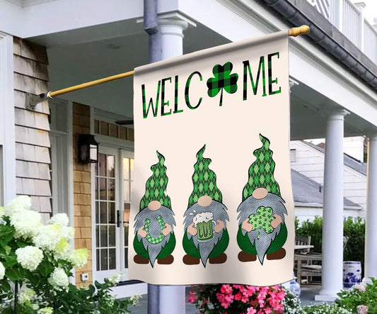 Welcome St. Patricks Day Gnomes Saint Gnomes House Flag - St. Patrick's Day Garden Flag - Outdoor St Patrick's Day Decor