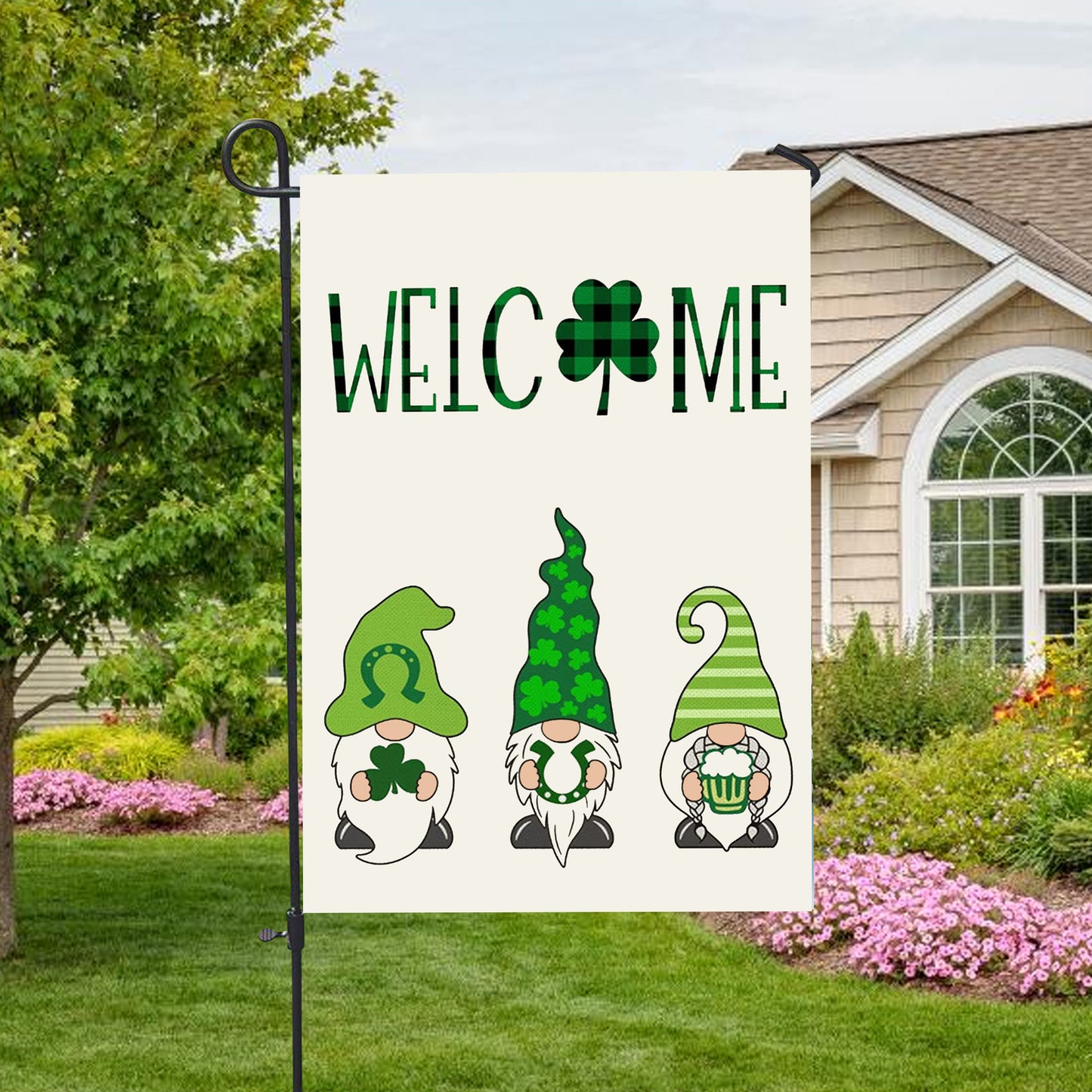 Welcome St. Patricks Day Green Gnomes Saint House Flag - St. Patrick's Day Garden Flag - Outdoor St Patrick's Day Decor