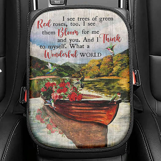 What A Wonderful World Boat Red Rose Lake Seat Box Cover, Christian Car Center Console Cover, Bible Verse Car Interior Accessories
