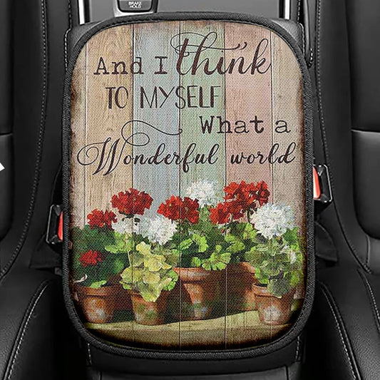 What A Wonderful World Red And White Flower Seat Box Cover, Christian Car Center Console Cover, Bible Verse Car Interior Accessories