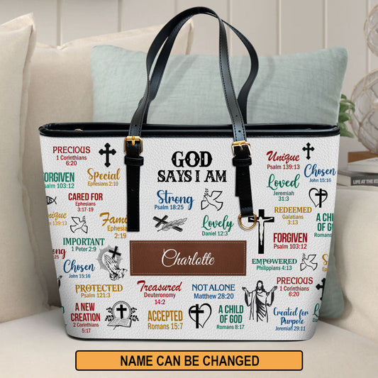 What God Says About You Personalized Large Leather Tote Bag - Religious Gifts For Women Of God