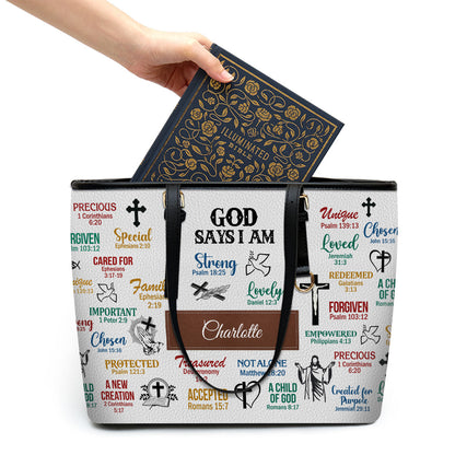 What God Says About You Personalized Large Leather Tote Bag - Religious Gifts For Women Of God