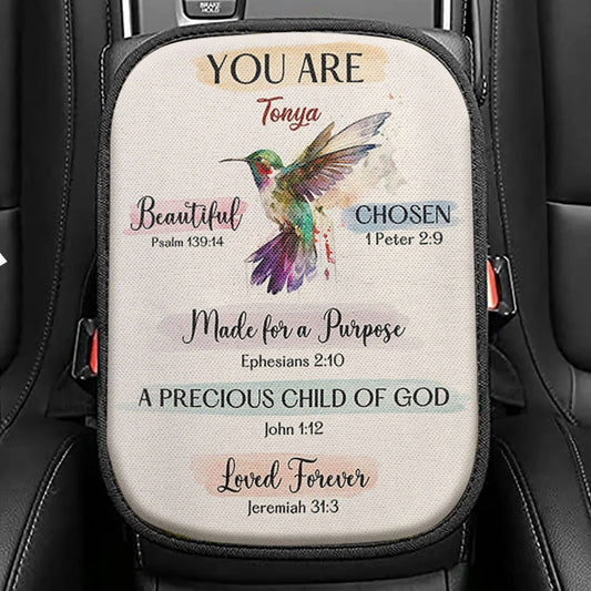 What God Says About You Personalized Seat Box Cover, Hummingbird Car Center Console Cover, Bible Verse Gift For Women Of God