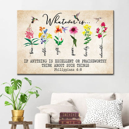 Whatever Is True Whatever Is Pure Philippians 48 Bible Verse Canvas Wall Art - Religious Wall Decor