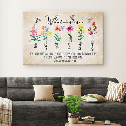 Whatever Is True Whatever Is Pure Philippians 48 Bible Verse Canvas Wall Art - Religious Wall Decor