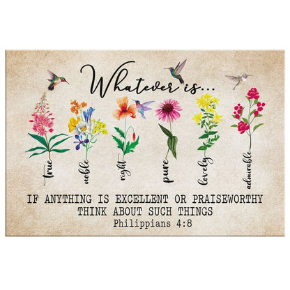 Whatever Is True Whatever Is Pure Philippians 48 Bible Verse Canvas Wall Art - Religious Wall Decor