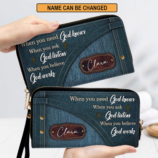 When You Need, God Knows Clutch Purse For Women - Personalized Name - Christian Gifts For Women