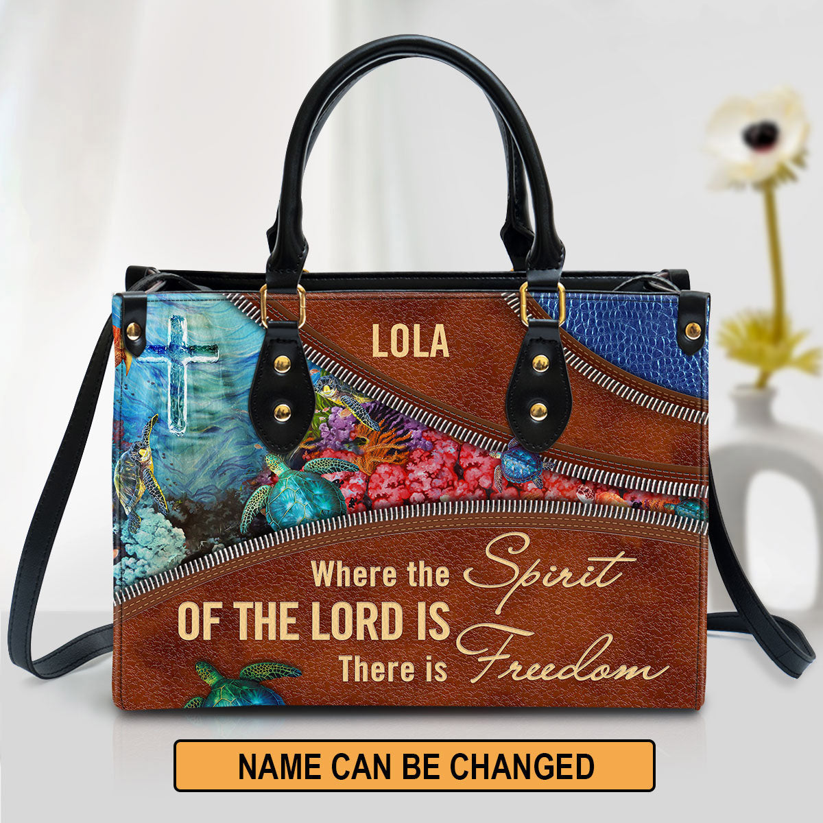 Where The Spirit Of The Lord Is There Is Freedom Personalized Turtle Leather Bag For Women - Religious Gifts For Women