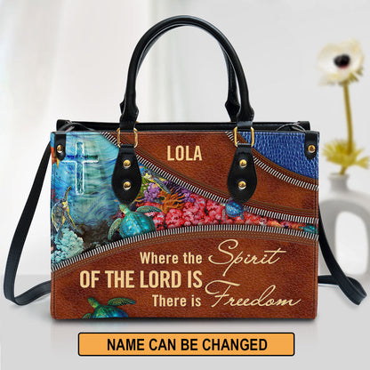 Where The Spirit Of The Lord Is There Is Freedom Personalized Turtle Leather Bag For Women - Religious Gifts For Women