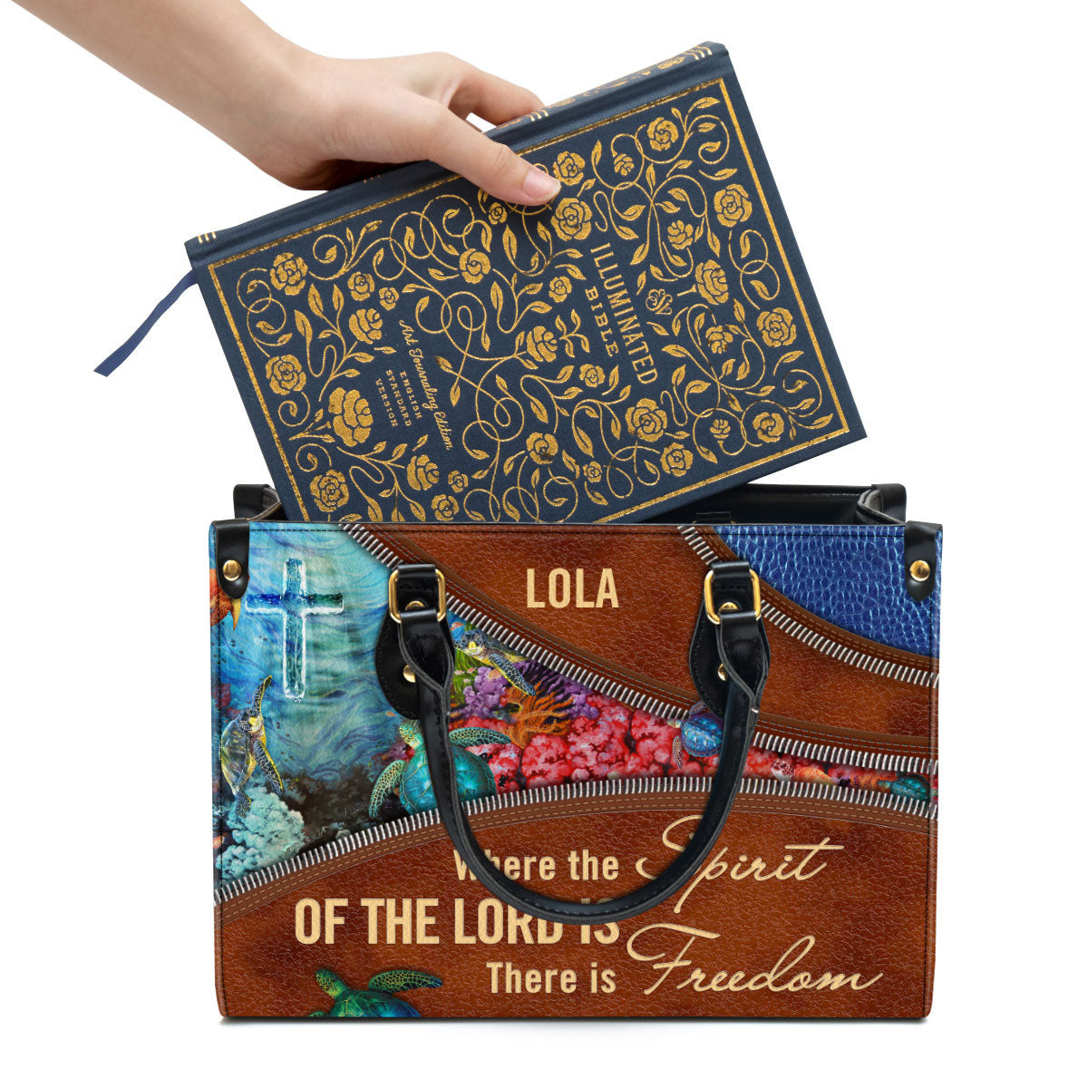Where The Spirit Of The Lord Is There Is Freedom Personalized Turtle Leather Bag For Women - Religious Gifts For Women