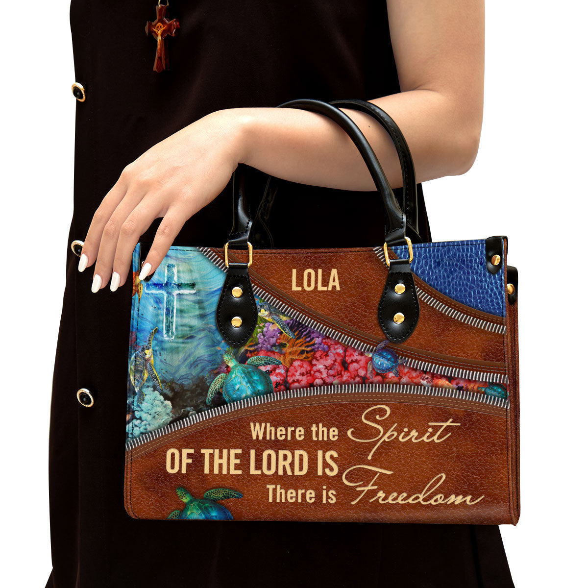 Where The Spirit Of The Lord Is There Is Freedom Personalized Turtle Leather Bag For Women - Religious Gifts For Women