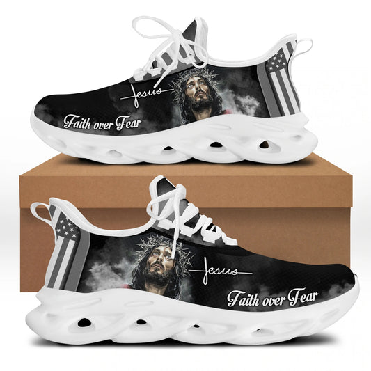 White And Black Jesus Faith Over Fear Yezy Running Sneakers Max Soul Shoes - Christian Shoes For Men And Women