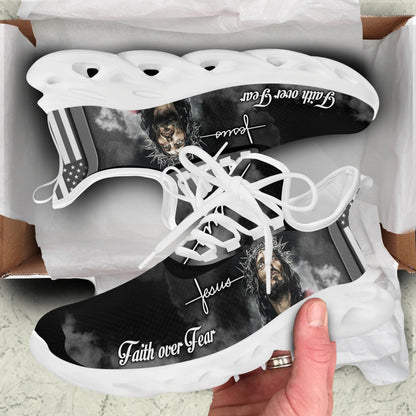 White And Black Jesus Faith Over Fear Yezy Running Sneakers Max Soul Shoes - Christian Shoes For Men And Women