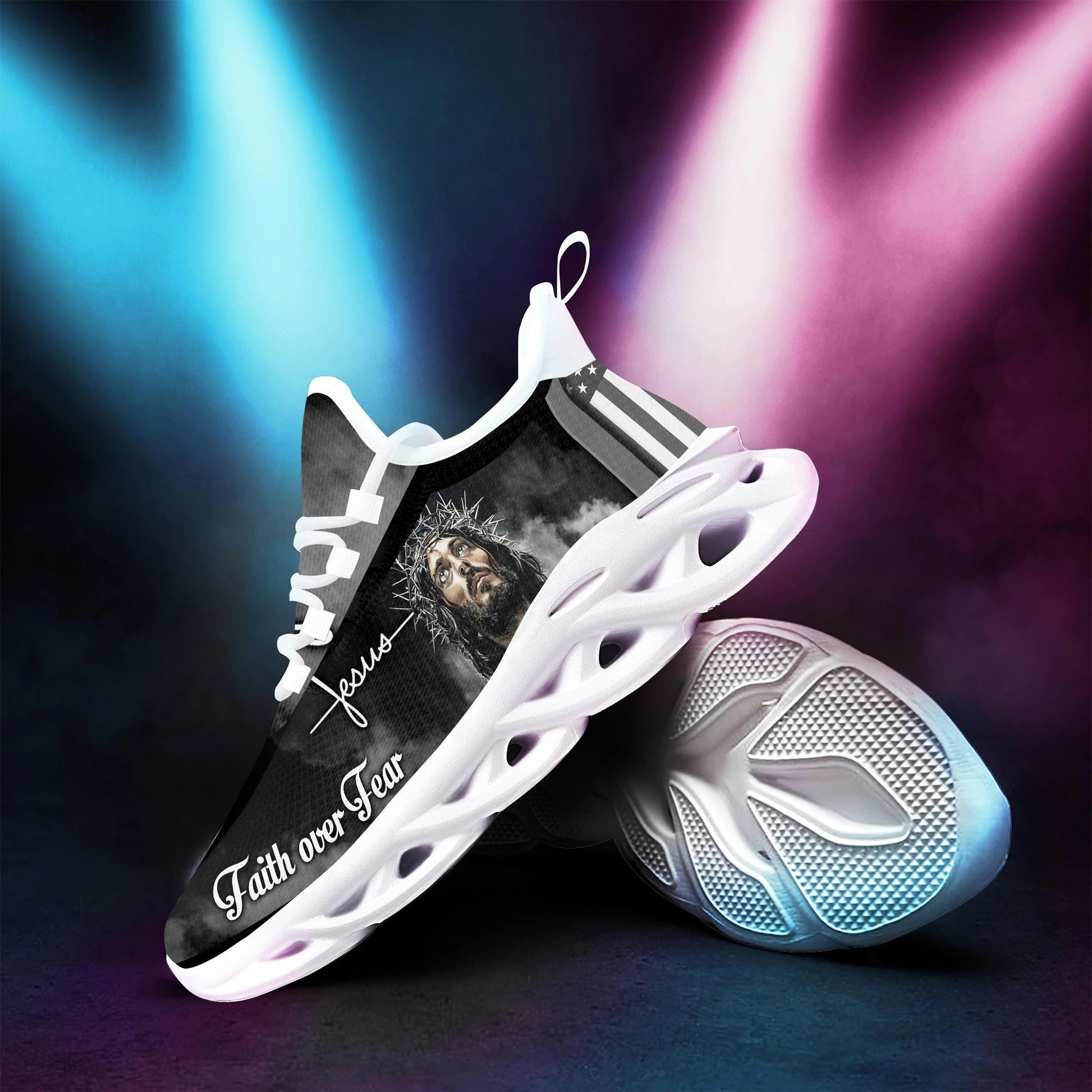 White And Black Jesus Faith Over Fear Yezy Running Sneakers Max Soul Shoes - Christian Shoes For Men And Women
