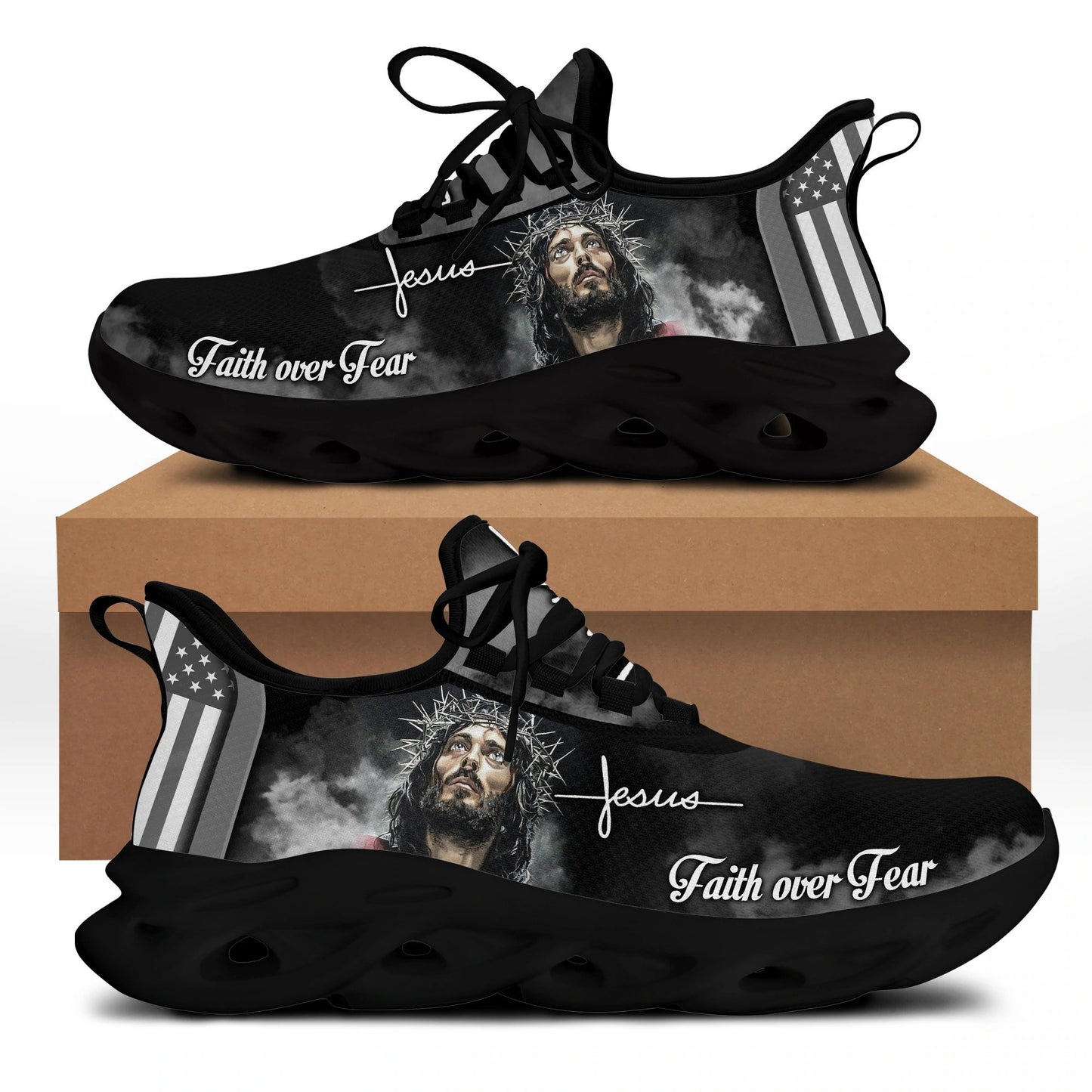 White And Black Jesus Faith Over Fear Yezy Running Sneakers Max Soul Shoes - Christian Shoes For Men And Women