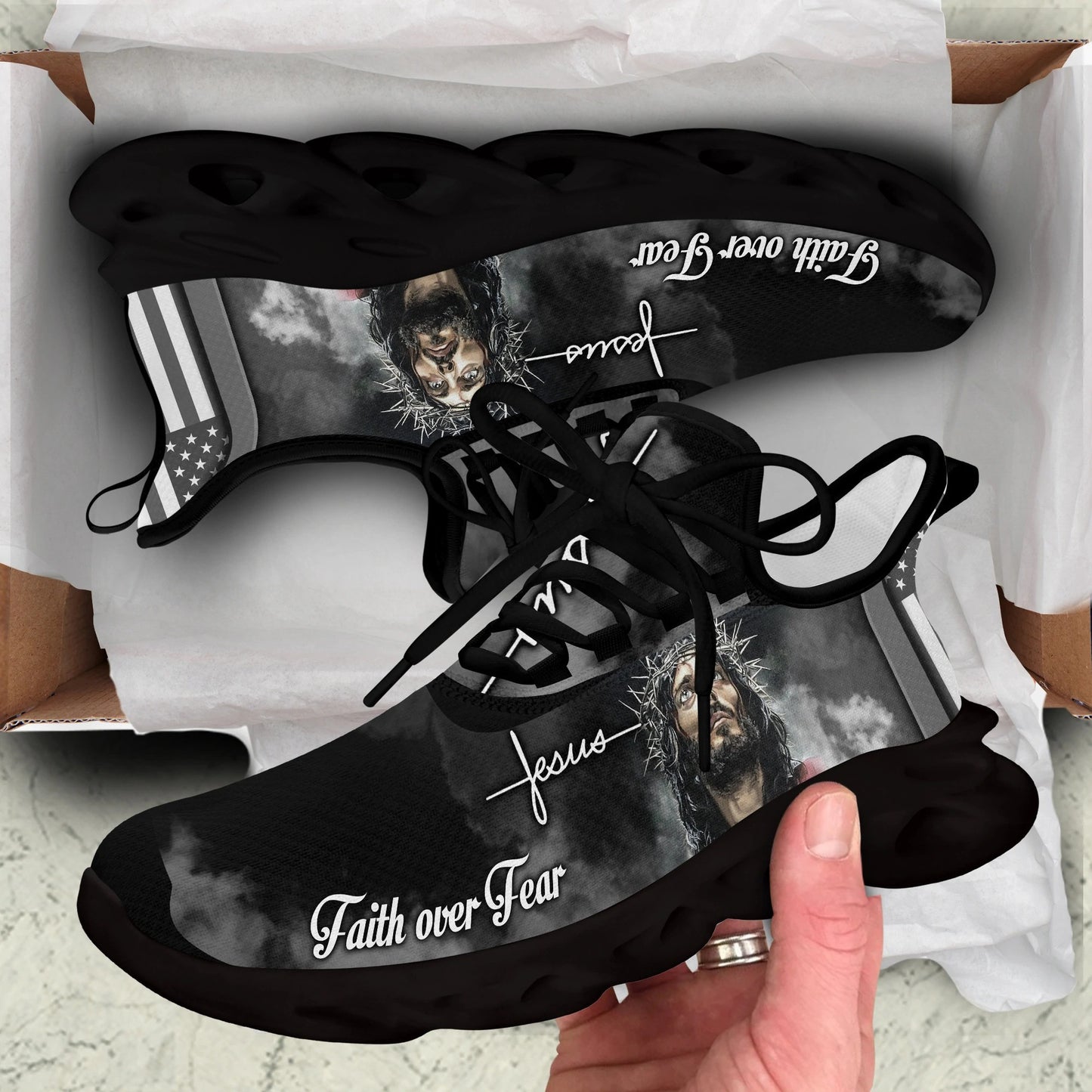 White And Black Jesus Faith Over Fear Yezy Running Sneakers Max Soul Shoes - Christian Shoes For Men And Women