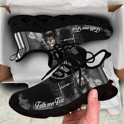 White And Black Jesus Faith Over Fear Yezy Running Sneakers Max Soul Shoes - Christian Shoes For Men And Women