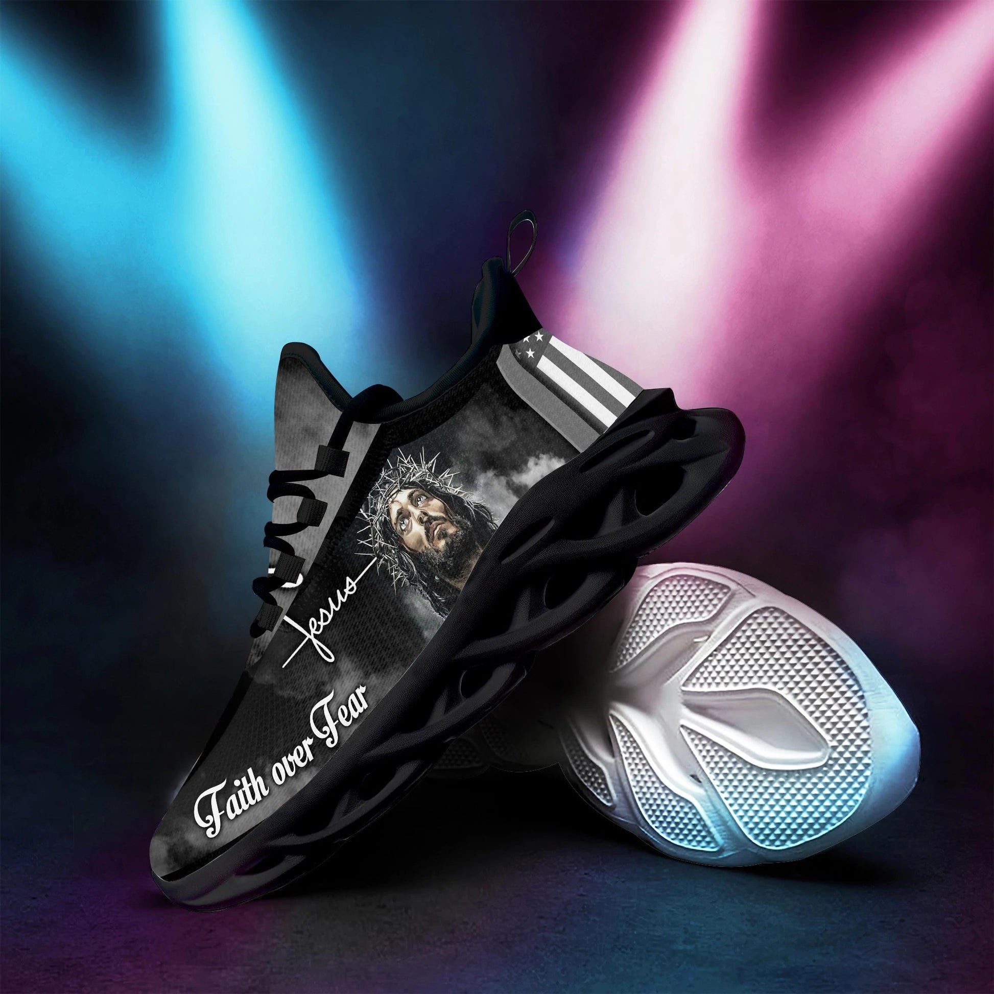 White And Black Jesus Faith Over Fear Yezy Running Sneakers Max Soul Shoes - Christian Shoes For Men And Women