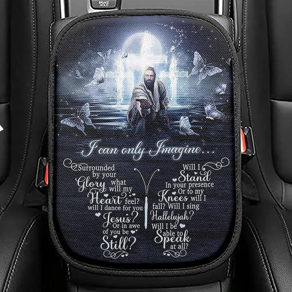 White Butterflies Light Cross - I Can Only Imagine Seat Box Cover, Christian Car Center Console Cover, Bible Verse Car Interior Accessories