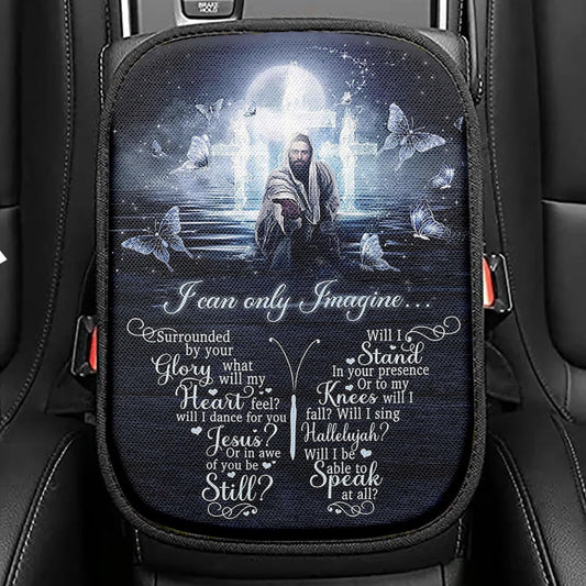 White Butterflies Light Cross - I Can Only Imagine Seat Box Cover, Christian Car Center Console Cover, Bible Verse Car Interior Accessories