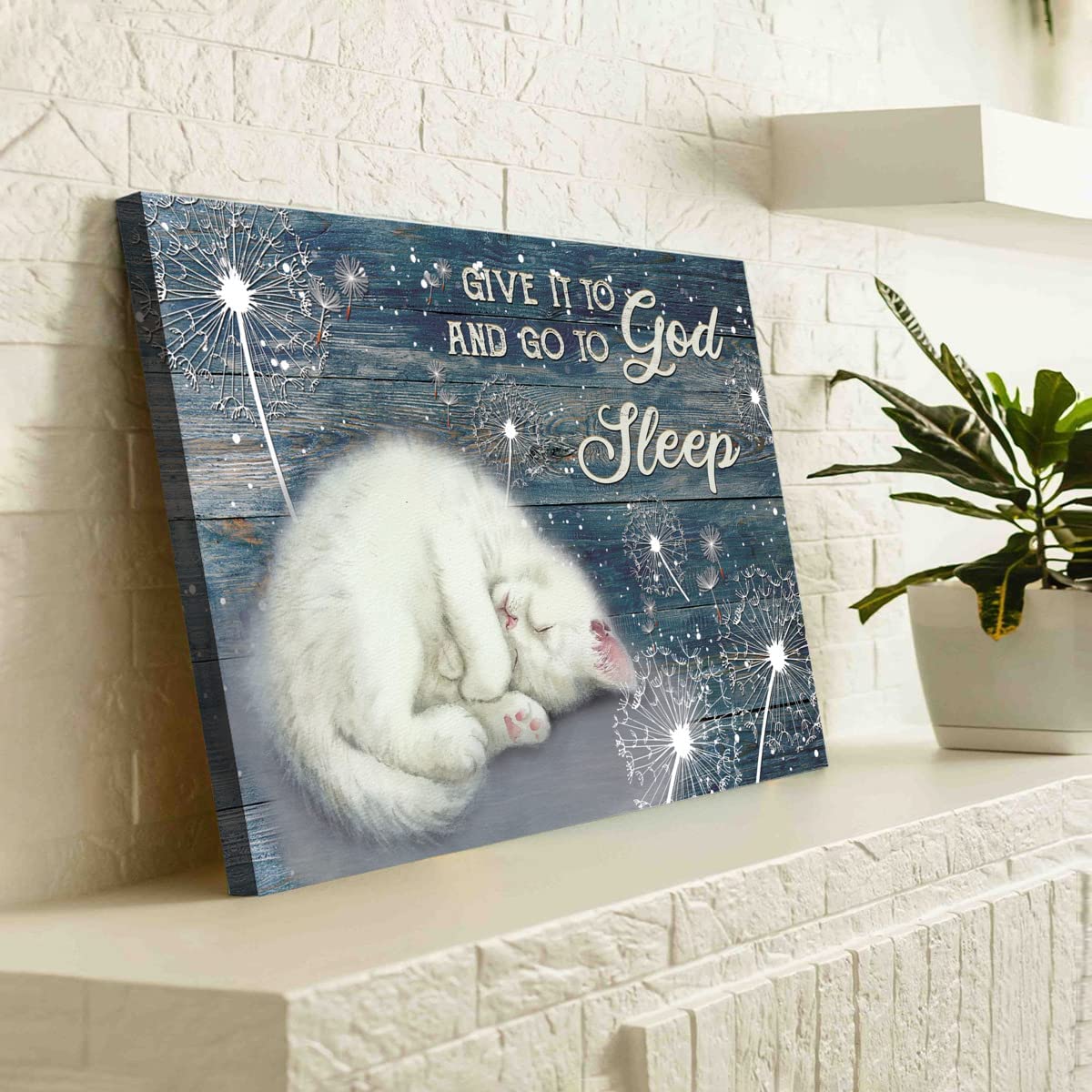 White Cat Painting Dandelion Drawing Night Sky, Give It To God And Go To Sleep Jesus Canvas Wall Art