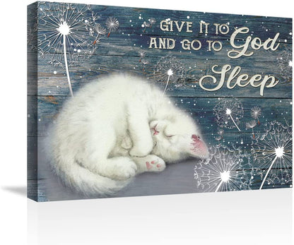 White Cat Painting Dandelion Drawing Night Sky, Give It To God And Go To Sleep Jesus Canvas Wall Art