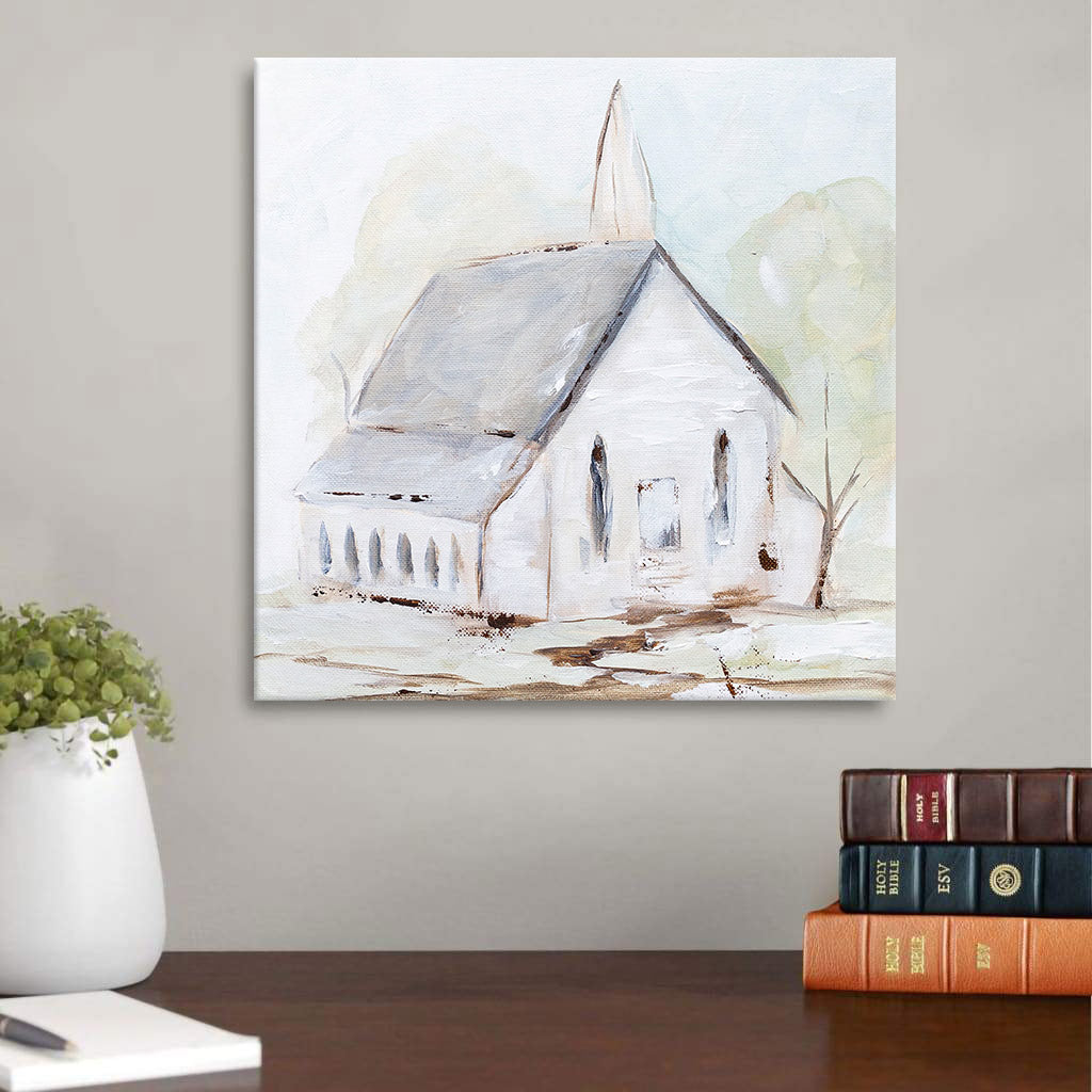 White Chapel Paper Print - Christian Art Gift - Religious Canvas Painting