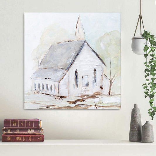 White Chapel Paper Print - Christian Art Gift - Religious Canvas Painting