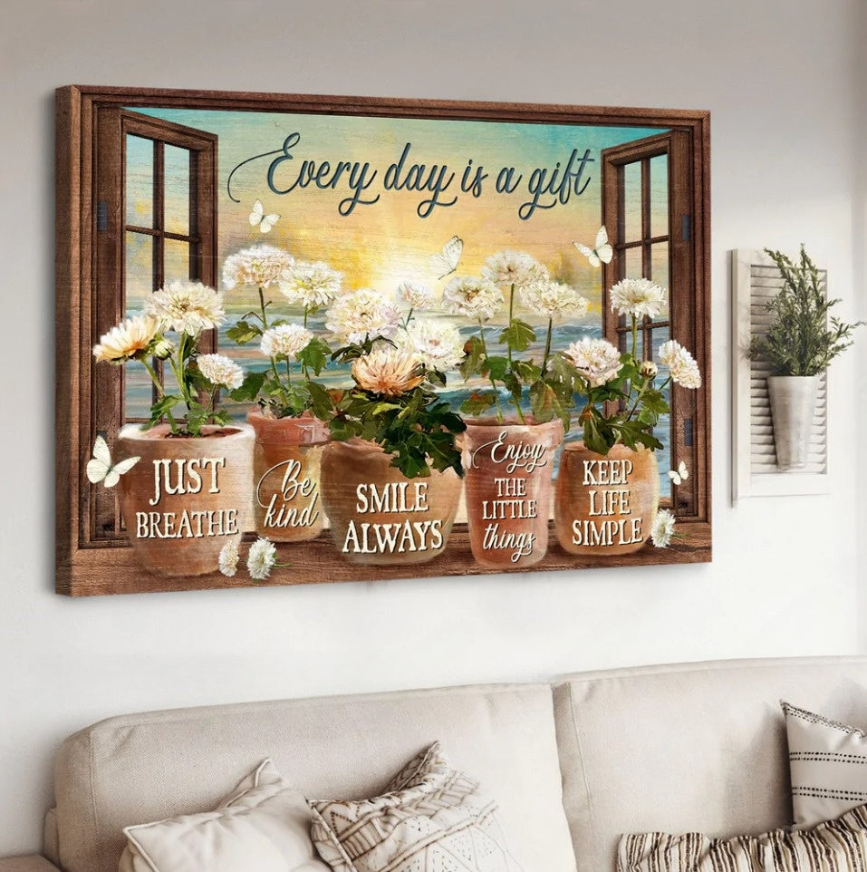 White Chrysanthemums Sunrise Ocean Every Days Is A Gift Canvas Wall Art - Christian Poster - Religious Wall Decor