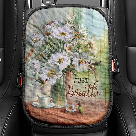 White Flower Hummingbird - Just Breathe Seat Box Cover, Christian Car Center Console Cover, Bible Verse Car Interior Accessories