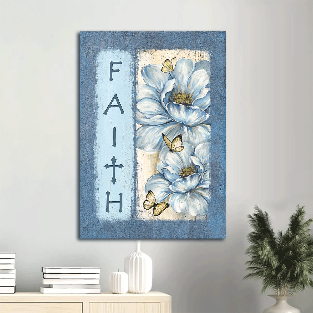 White Flower Pretty Butterfly Pastel Background Faith Canvas Wall Art - Christian Gift